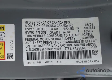 2025 Honda Civic Sport из США, поврежденный, VIN 2HGFE2F56SH521606